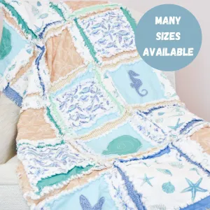 Beach Baby Quilt Crib Bedding, Nautical Baby Quilts, Ocean Blue and Tan Handmade Baby Quilts for Sale