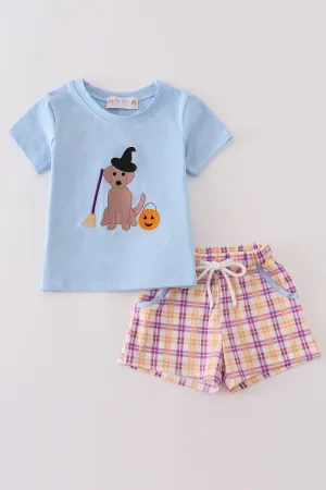 Blue Halloween Witch Dog Embroidery Boy Shorts Set