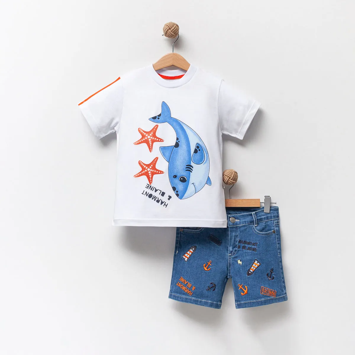 BOY'S 5-6-7-8 YEARS EMBROIDERED DENIM SHORTS SET