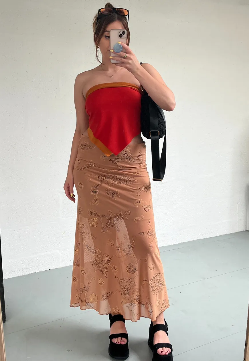 CARAMEL PAISLEY HALF LINED MESH SKIRT