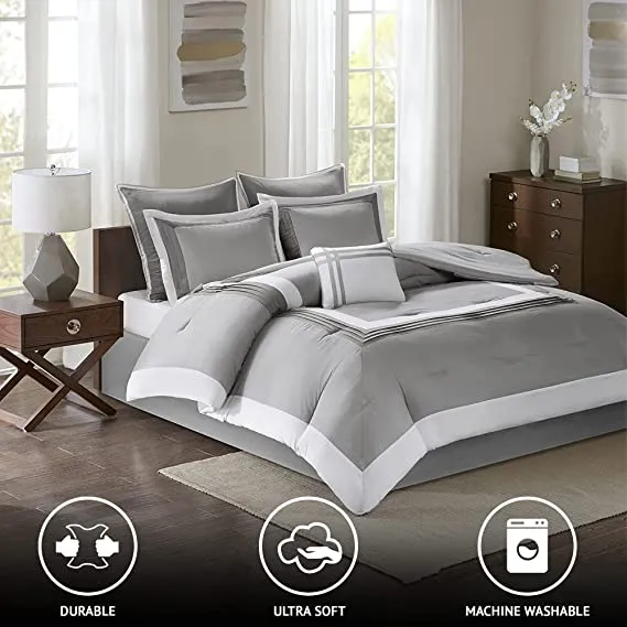 Comfort Spaces Cozy Comforter Set-Modern Classic Design All Season Down Alternative Bedding, Matching Shams, Bedskirt, Decorative Pillows, Queen (90"x90"), Malcom, Hotel Deluxe Gray 7 Piece