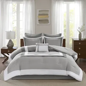 Comfort Spaces Cozy Comforter Set-Modern Classic Design All Season Down Alternative Bedding, Matching Shams, Bedskirt, Decorative Pillows, Queen (90"x90"), Malcom, Hotel Deluxe Gray 7 Piece