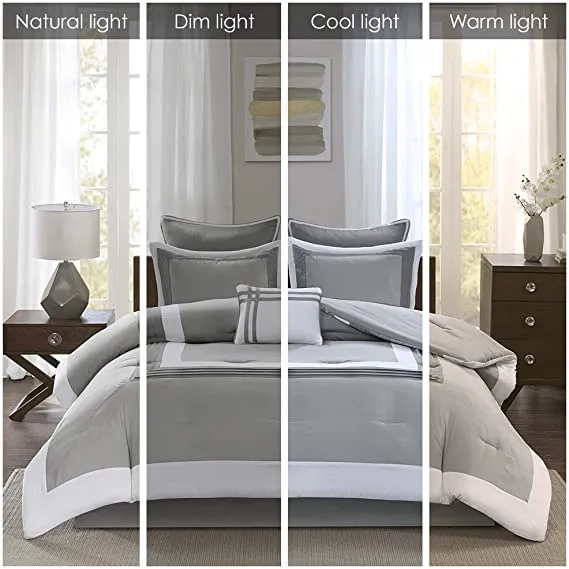 Comfort Spaces Cozy Comforter Set-Modern Classic Design All Season Down Alternative Bedding, Matching Shams, Bedskirt, Decorative Pillows, Queen (90"x90"), Malcom, Hotel Deluxe Gray 7 Piece