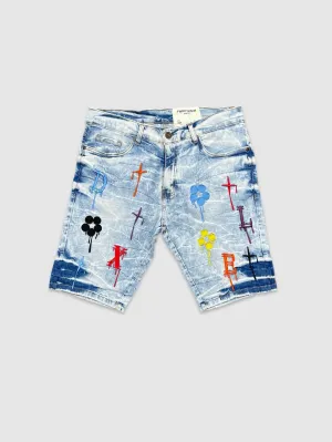 EVO-22968-Men's Drippy Logo Denim Shorts