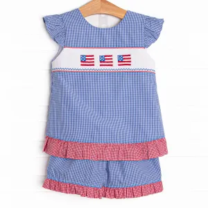 Freedom Flags Smocked Short Set, Blue