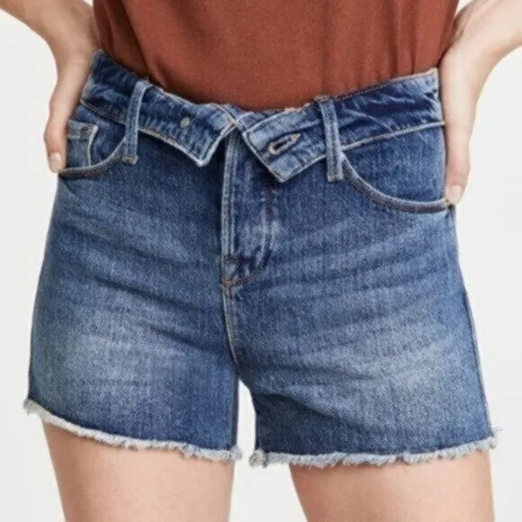 Good American Cut Off Fold Over Waist Jean Shorts Blue