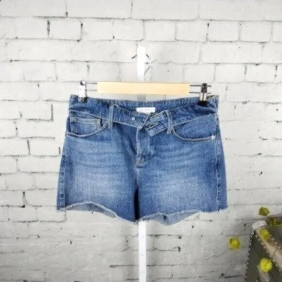 Good American Cut Off Fold Over Waist Jean Shorts Blue