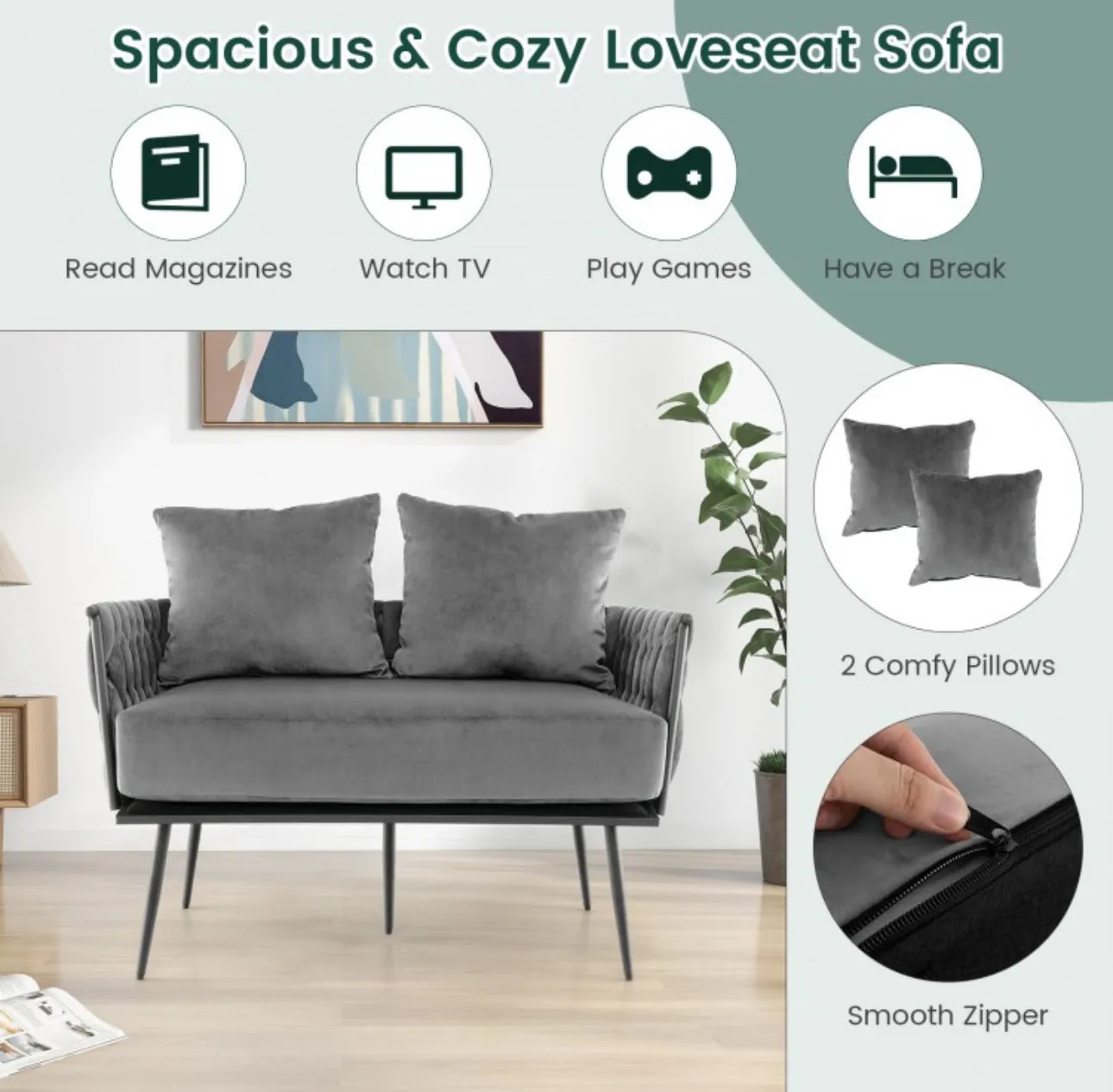 Heavy Duty Elegant Modern Love Seat Sofa Couch Upholstered Dutch Velvet Sofa Couch | Thick Cushion | 2 Comfy Pillows | Holds 350lbs