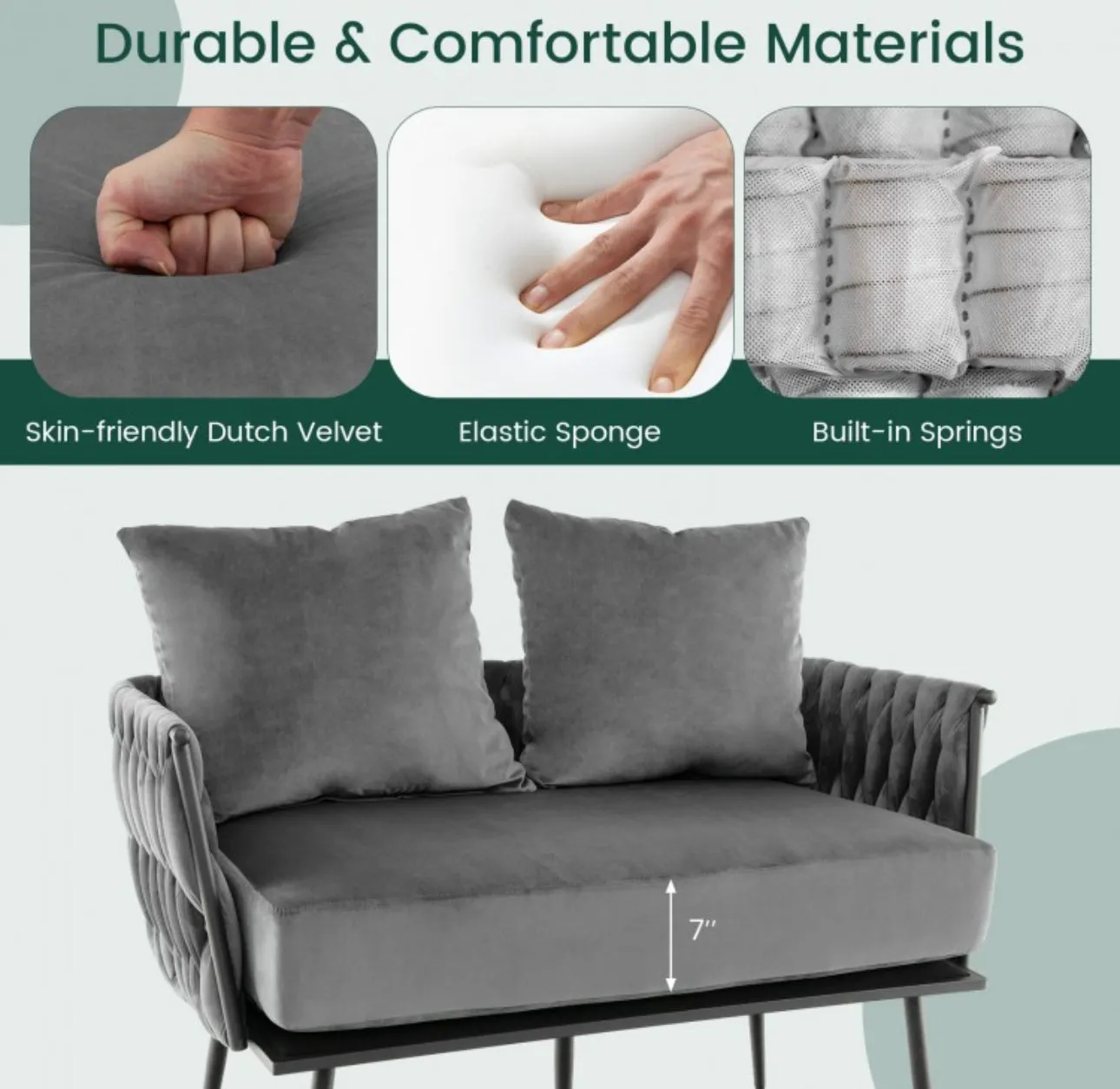 Heavy Duty Elegant Modern Love Seat Sofa Couch Upholstered Dutch Velvet Sofa Couch | Thick Cushion | 2 Comfy Pillows | Holds 350lbs