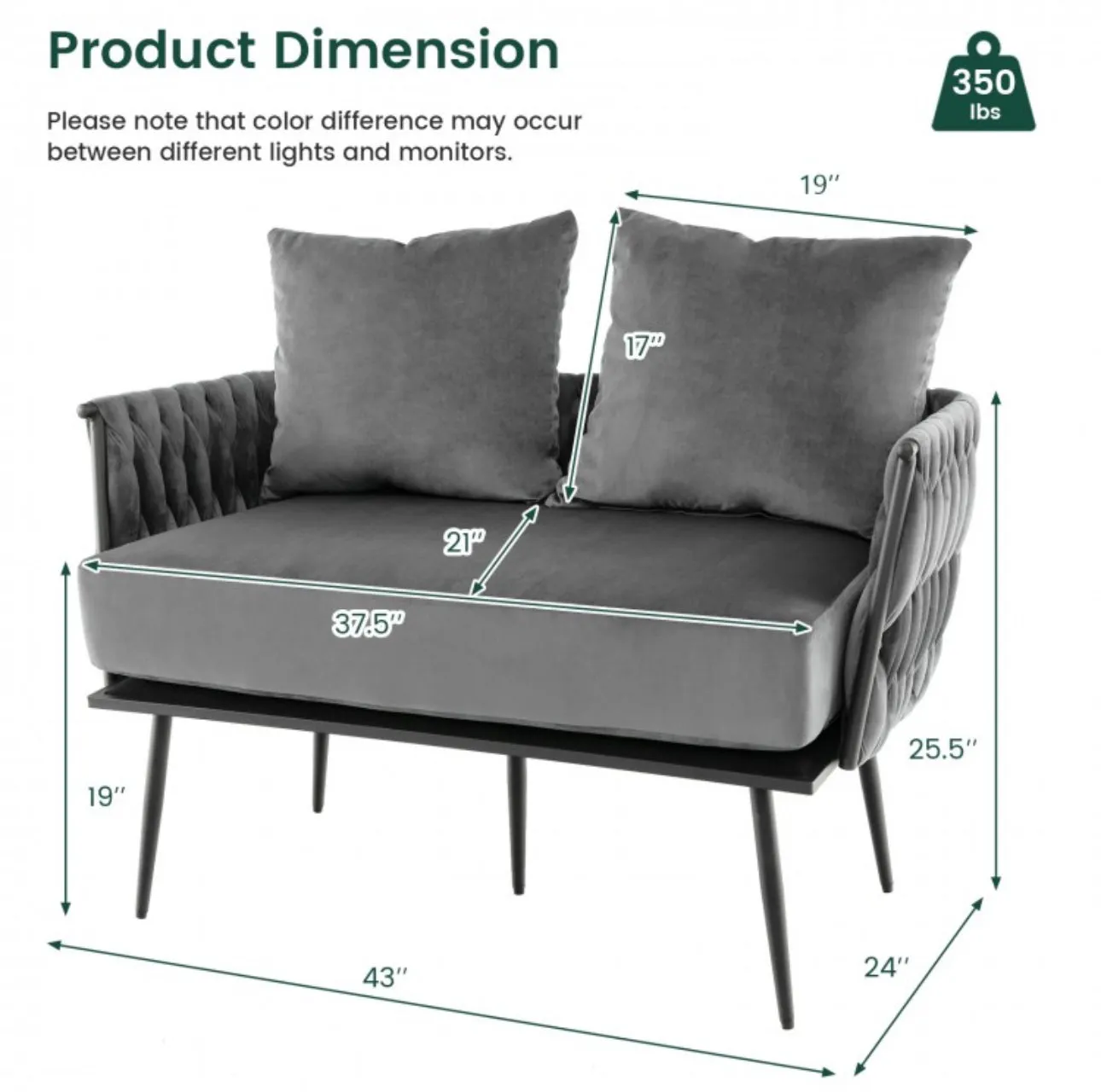Heavy Duty Elegant Modern Love Seat Sofa Couch Upholstered Dutch Velvet Sofa Couch | Thick Cushion | 2 Comfy Pillows | Holds 350lbs