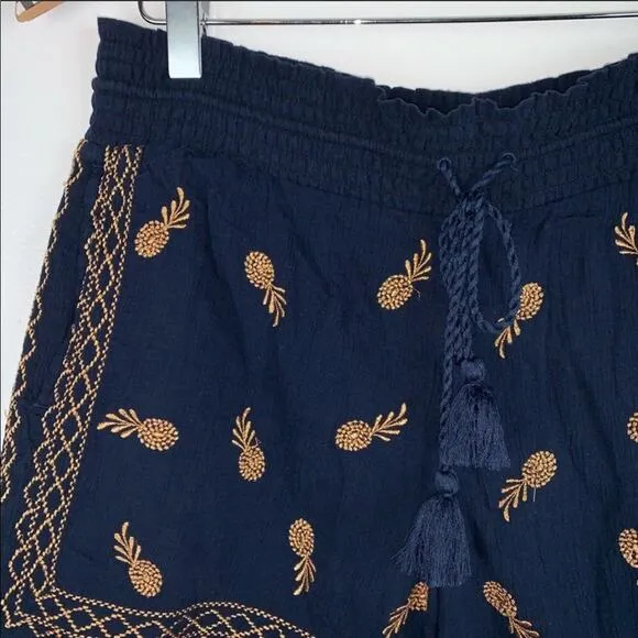 J CREW Embroidered Navy Blue Gold Pineapple Gauze Shorts XS Tassel Pockets