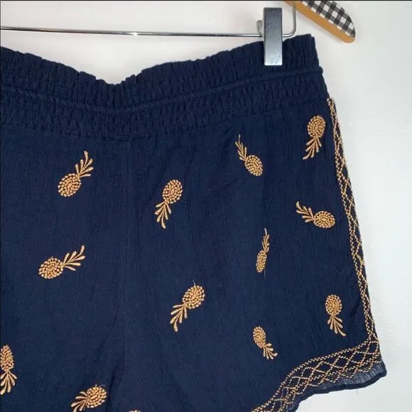 J CREW Embroidered Navy Blue Gold Pineapple Gauze Shorts XS Tassel Pockets