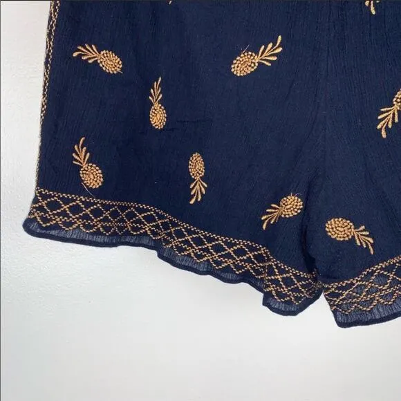 J CREW Embroidered Navy Blue Gold Pineapple Gauze Shorts XS Tassel Pockets