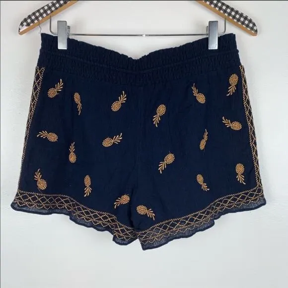 J CREW Embroidered Navy Blue Gold Pineapple Gauze Shorts XS Tassel Pockets