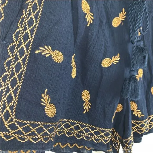 J CREW Embroidered Navy Blue Gold Pineapple Gauze Shorts XS Tassel Pockets