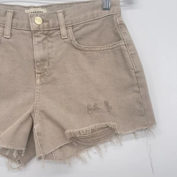 L'Agence Jean Shorts Women's 25 Audrey Mid Rise Tan Biscuit Destruct Cutoffs