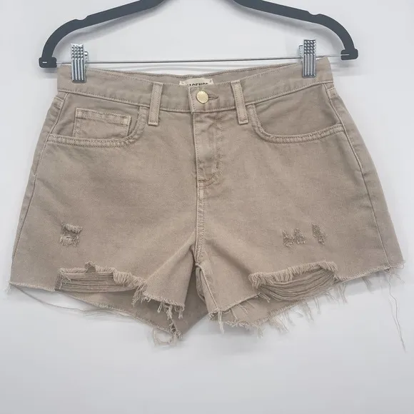 L'Agence Jean Shorts Women's 25 Audrey Mid Rise Tan Biscuit Destruct Cutoffs