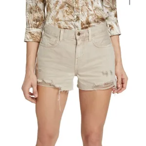 L'Agence Jean Shorts Women's 25 Audrey Mid Rise Tan Biscuit Destruct Cutoffs