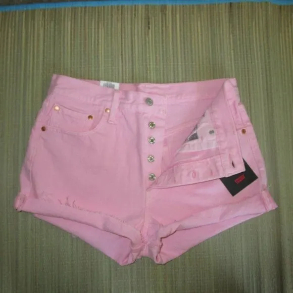 LEVI'S Premium 501 30 NWT Pink Denim High Rise Cut Off Jean Shorts Cutoffs