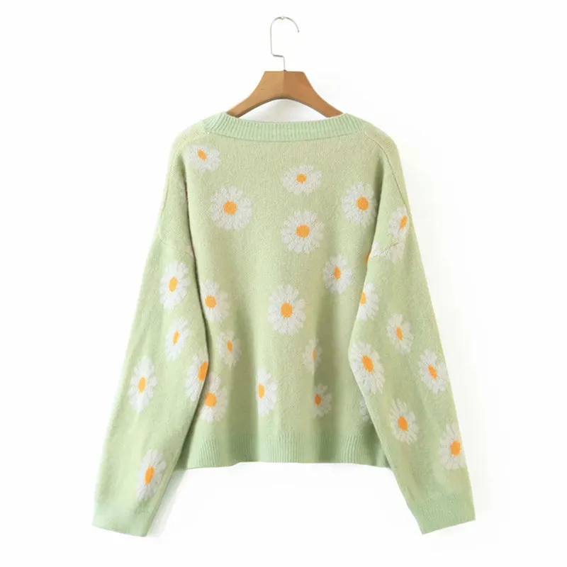 LIGHT-COLORED DAISY JACQUARD KNITTED CARDIGAN UB2712