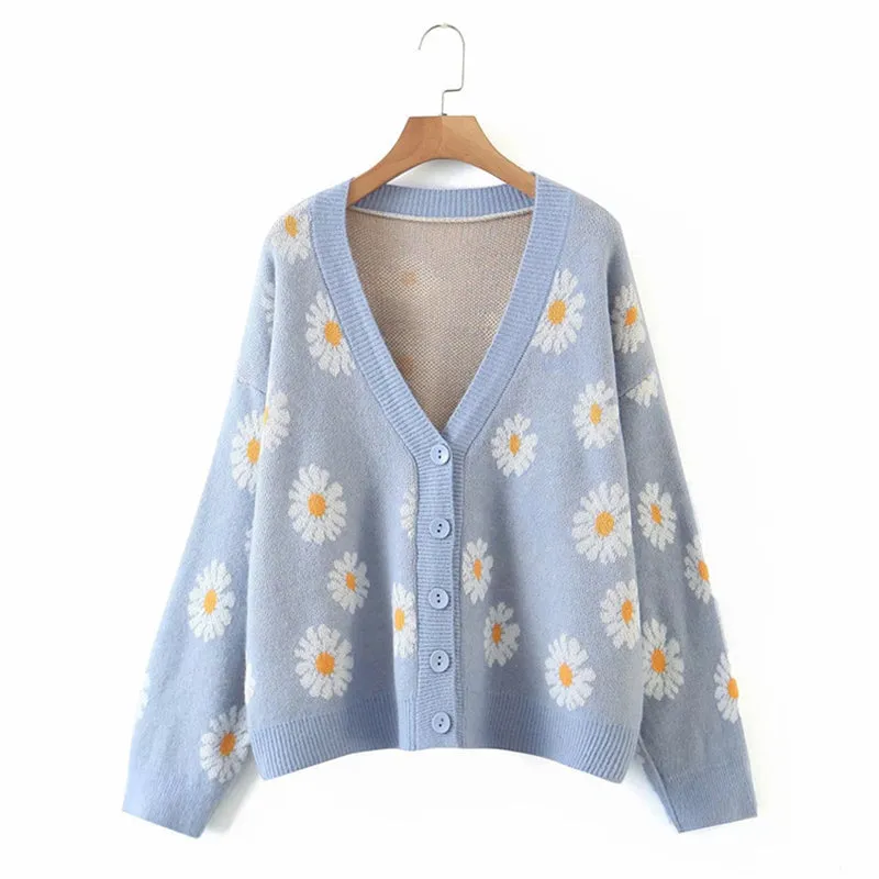 LIGHT-COLORED DAISY JACQUARD KNITTED CARDIGAN UB2712