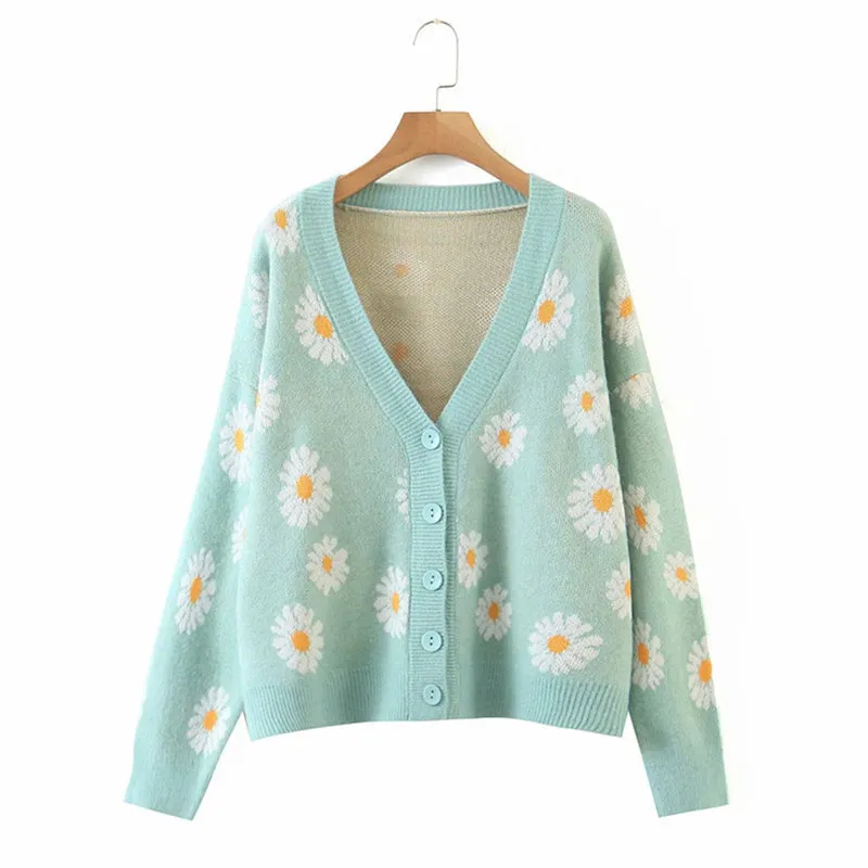 LIGHT-COLORED DAISY JACQUARD KNITTED CARDIGAN UB2712