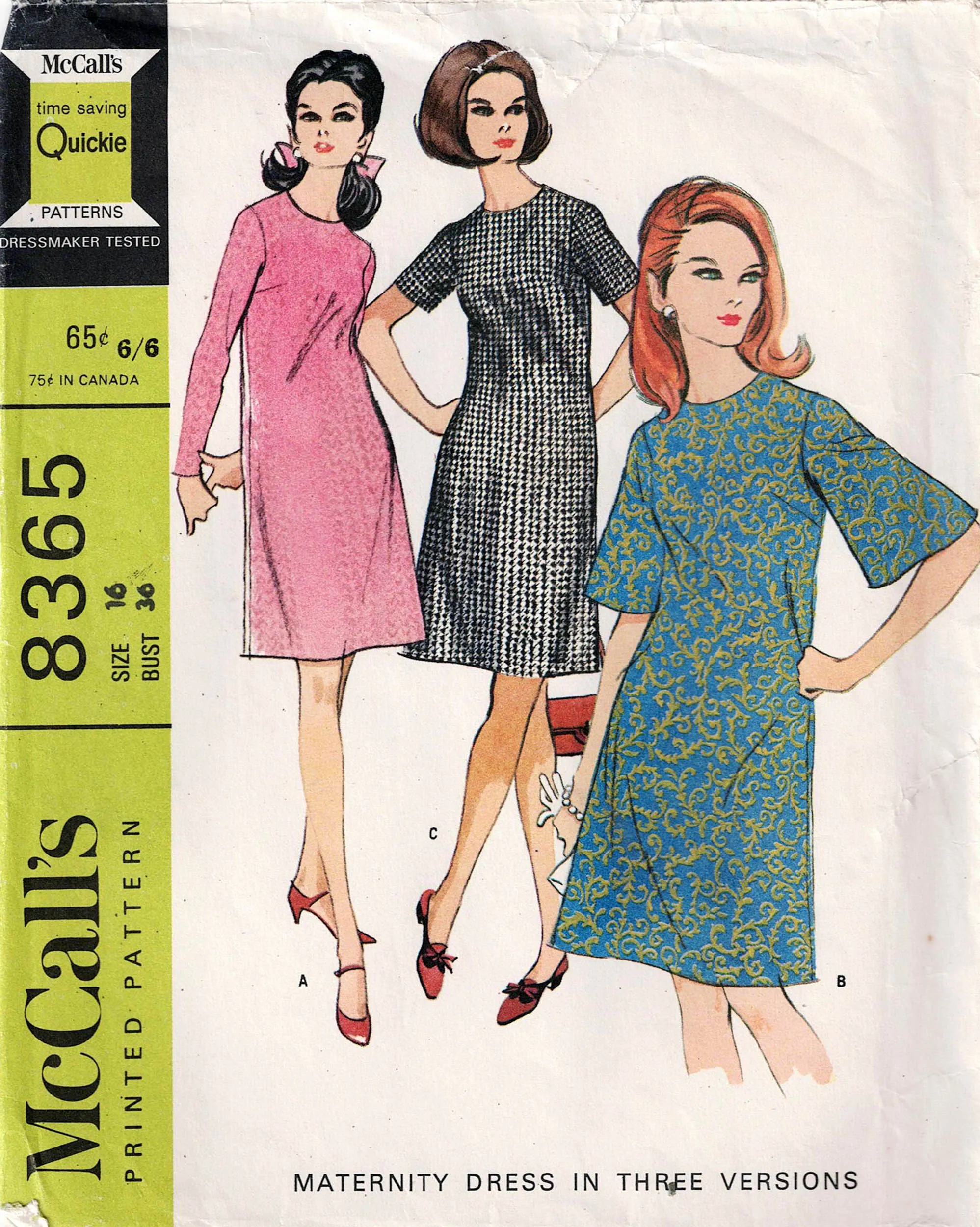 McCall's 8365 Easy Maternity Shift Dresses 1960s Vintage Sewing Pattern Size 16 Bust 36 inches