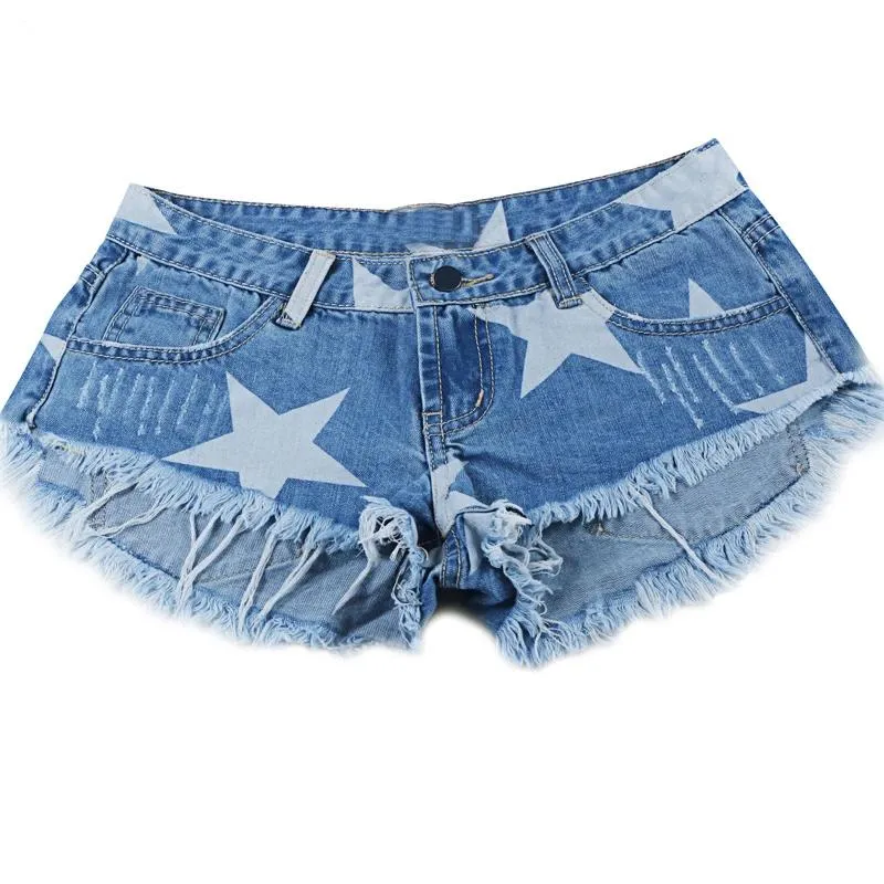 NATALIE - Blue Low Waist Washed Denim Jeans Shorts with Stars