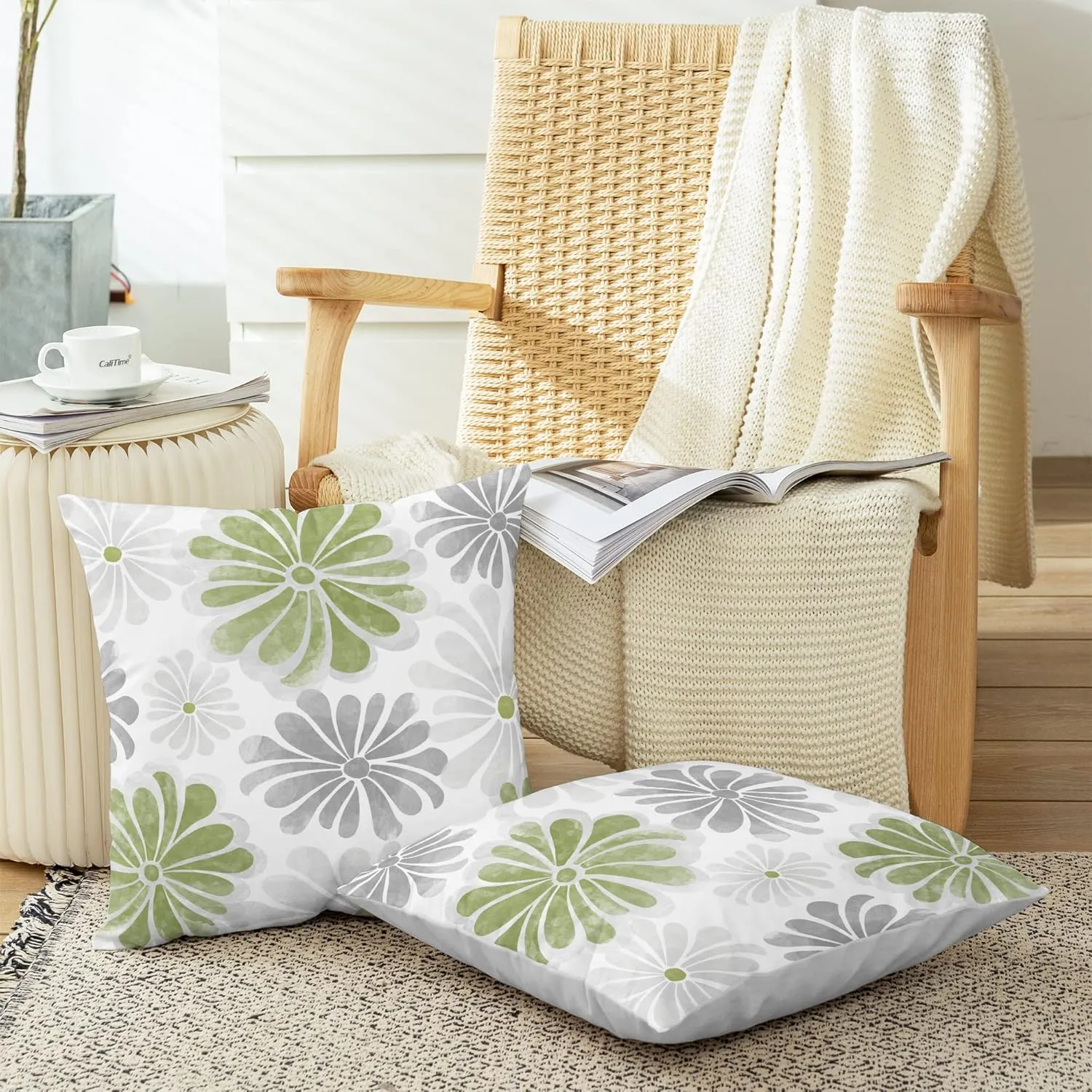 NEW CaliTime Throw Pillow Cases Pack of 2 Cozy Fleece Two-Tone Blooming Flowers Decorative Cushion Covers for Couch Bed Sofa Farmhouse Decoration 18 X 18 Inches Sage Green Grey