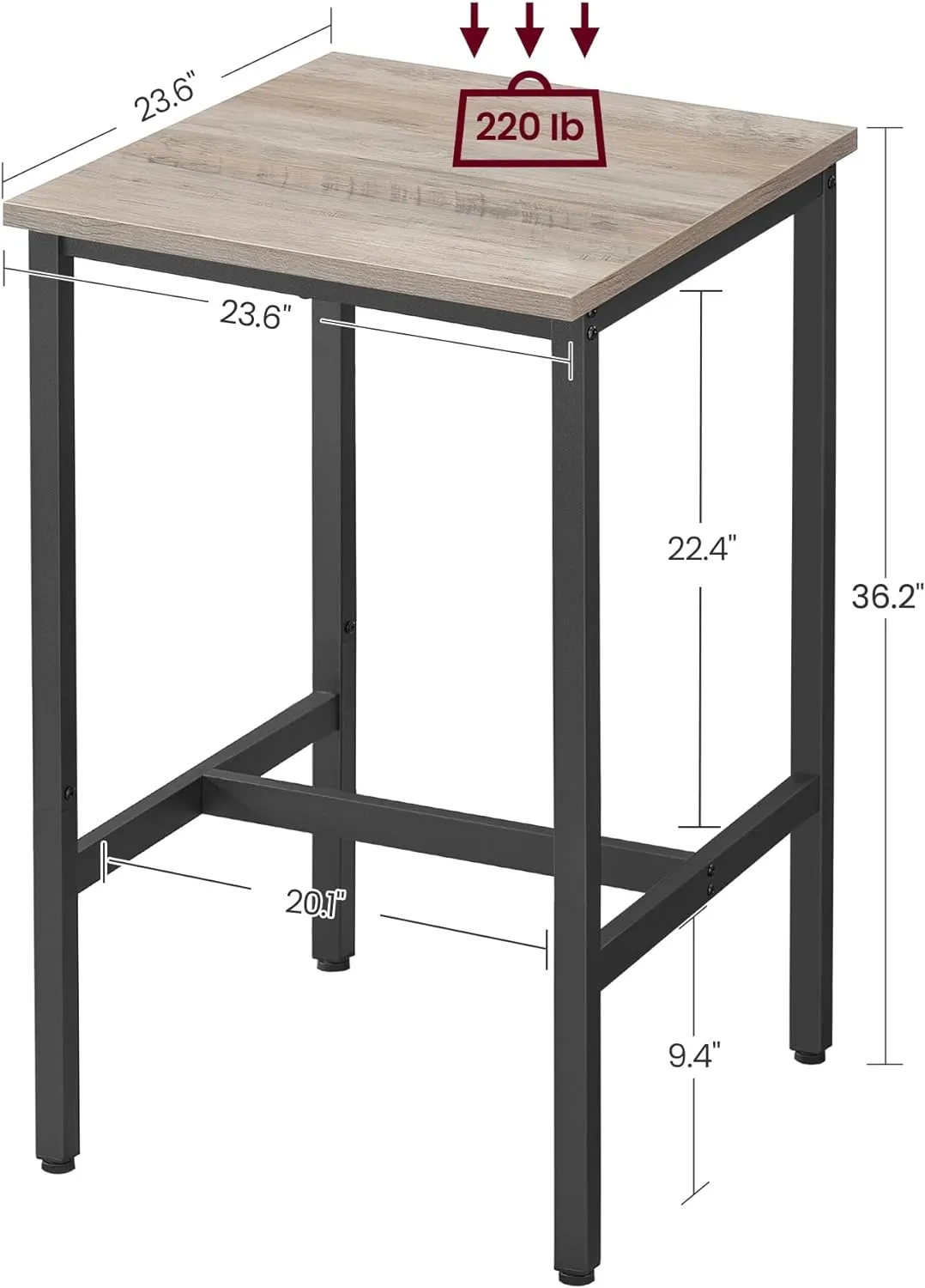 New in Box! VASAGLE Bar Table, Small Kitchen Table, High Top Pub Table, for Living Room Study, Industrial Steel Frame, 23.6 x 23.6 x 36.2 Inches! Stools NOT included