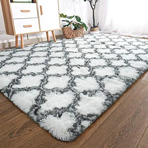 New Large Ultra Soft 6' X 6' Kinganda Fluffy Hairy High Pile Furry Area Rugs Shag Throw Faux Fur Rug Carpet (Grey/White Geometric) Non-slip