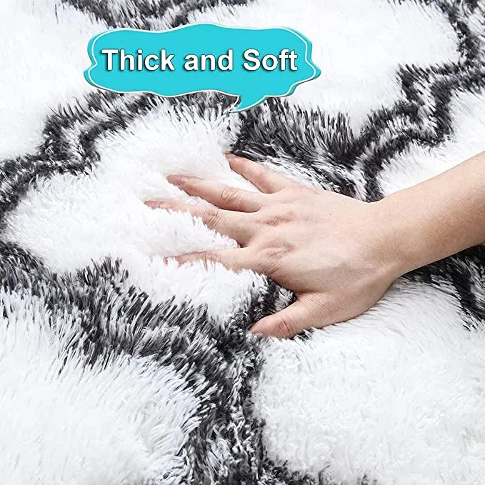 New Large Ultra Soft 6' X 6' Kinganda Fluffy Hairy High Pile Furry Area Rugs Shag Throw Faux Fur Rug Carpet (Grey/White Geometric) Non-slip