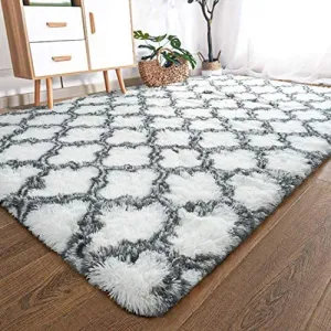 New Large Ultra Soft 6' X 6' Kinganda Fluffy Hairy High Pile Furry Area Rugs Shag Throw Faux Fur Rug Carpet (Grey/White Geometric) Non-slip