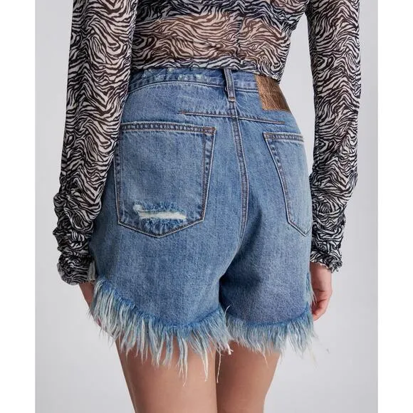 NWT One Teaspoons Johnny Blue Le Wolves Mid Length Denim Shorts Size 34