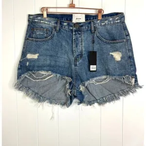 NWT One Teaspoons Johnny Blue Le Wolves Mid Length Denim Shorts Size 34