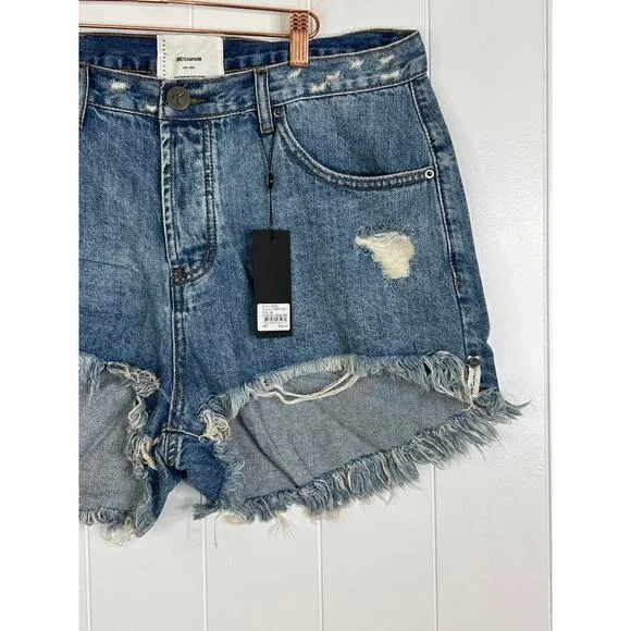 NWT One Teaspoons Johnny Blue Le Wolves Mid Length Denim Shorts Size 34