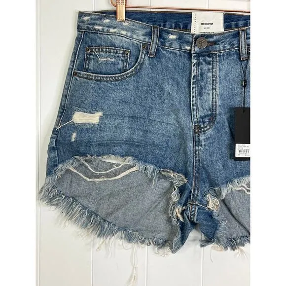 NWT One Teaspoons Johnny Blue Le Wolves Mid Length Denim Shorts Size 34