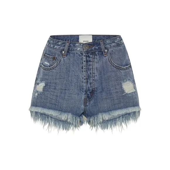 NWT One Teaspoons Johnny Blue Le Wolves Mid Length Denim Shorts Size 34