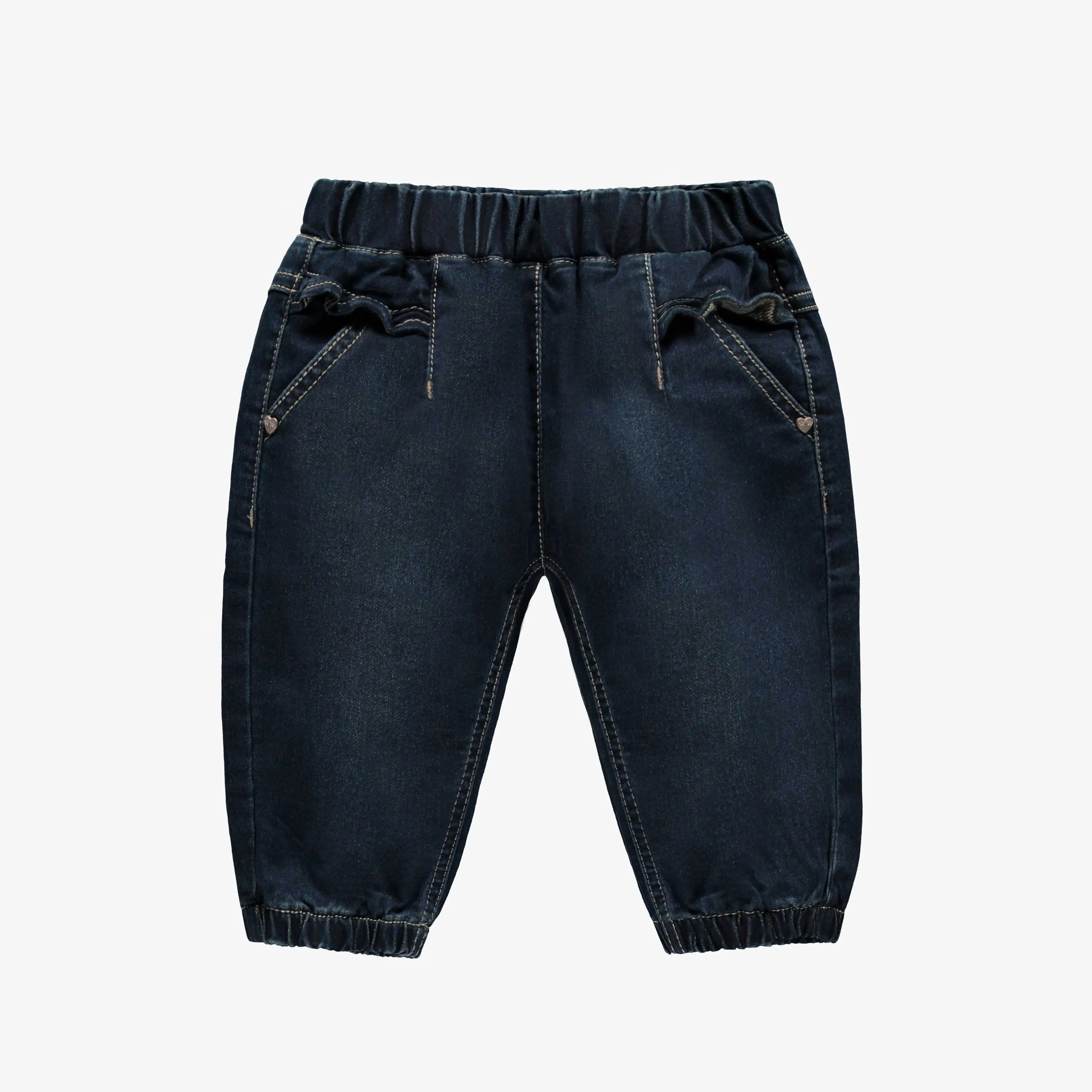 Pantalon coupe ample de style jogger en denim extensible, bleu foncé, bébé || Stretch denim jogger pants, dark blue, baby