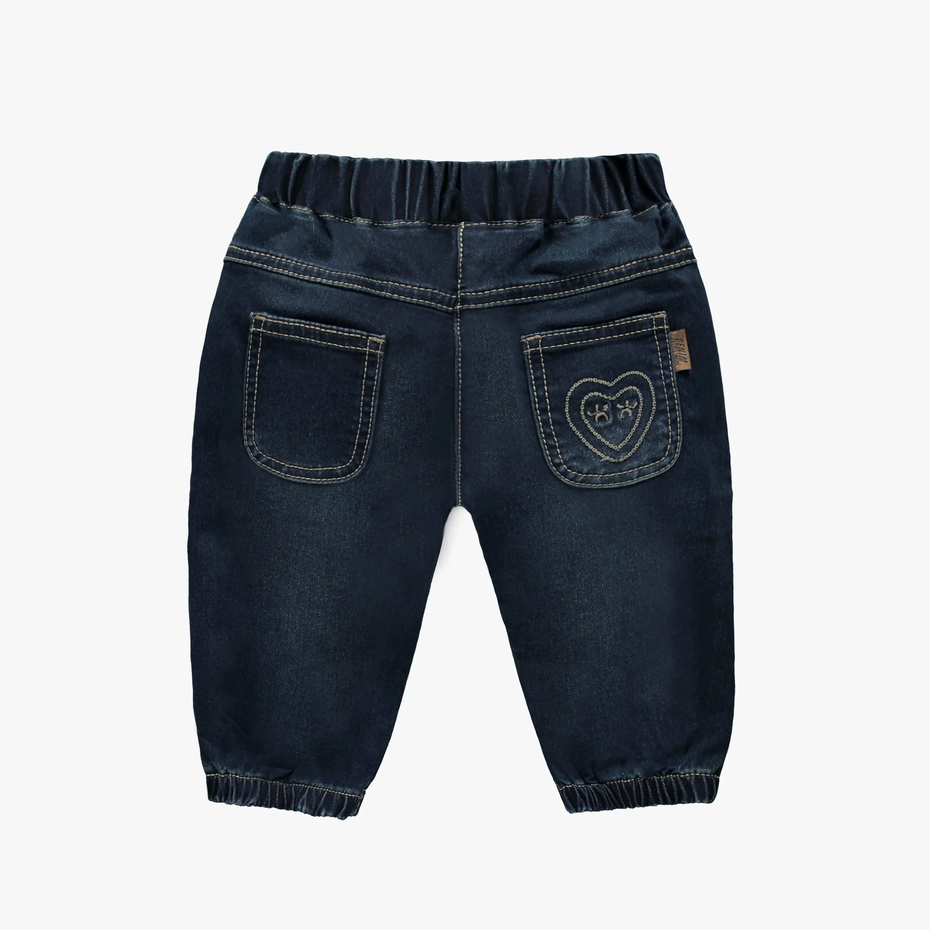 Pantalon coupe ample de style jogger en denim extensible, bleu foncé, bébé || Stretch denim jogger pants, dark blue, baby