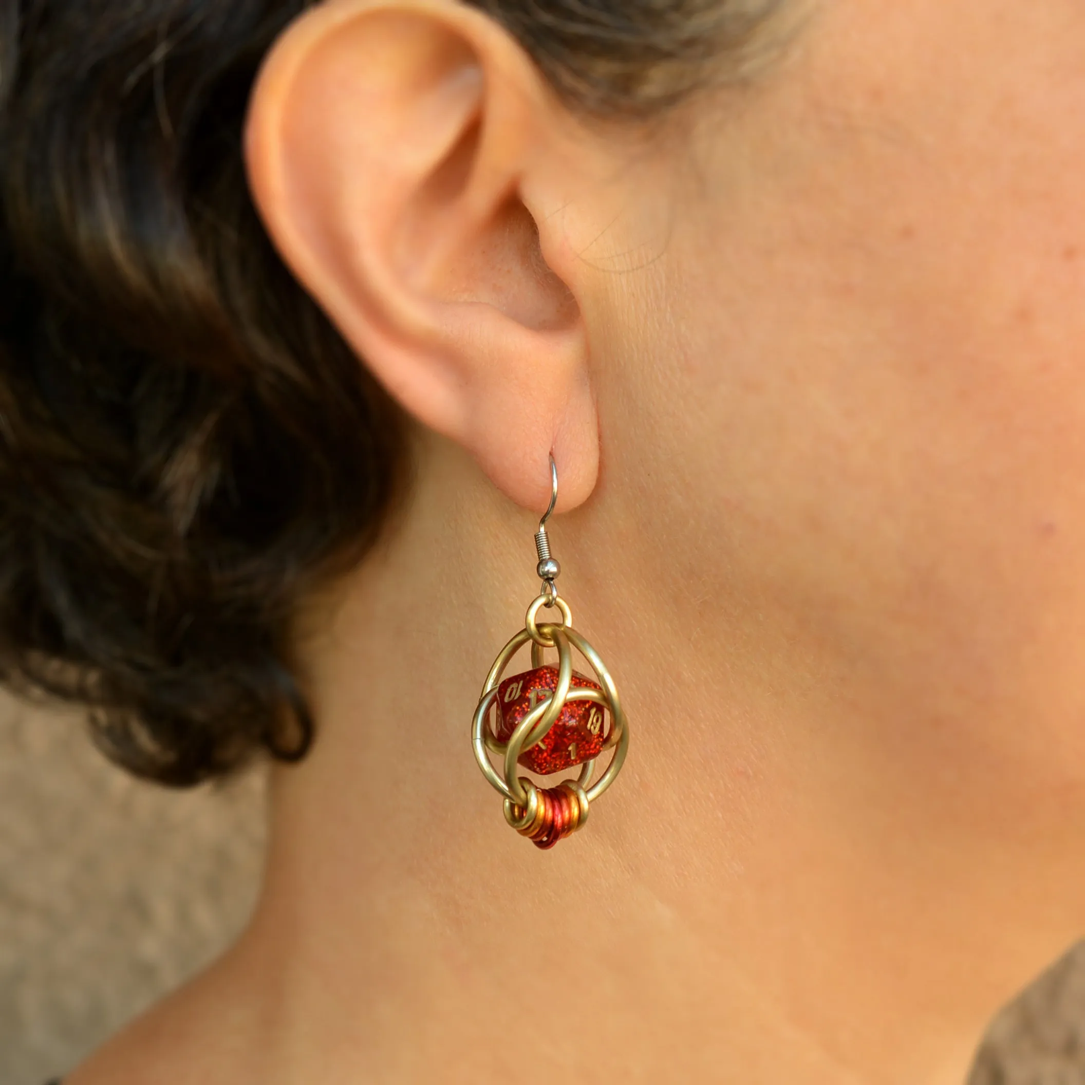 Red Glitter d20 Earring