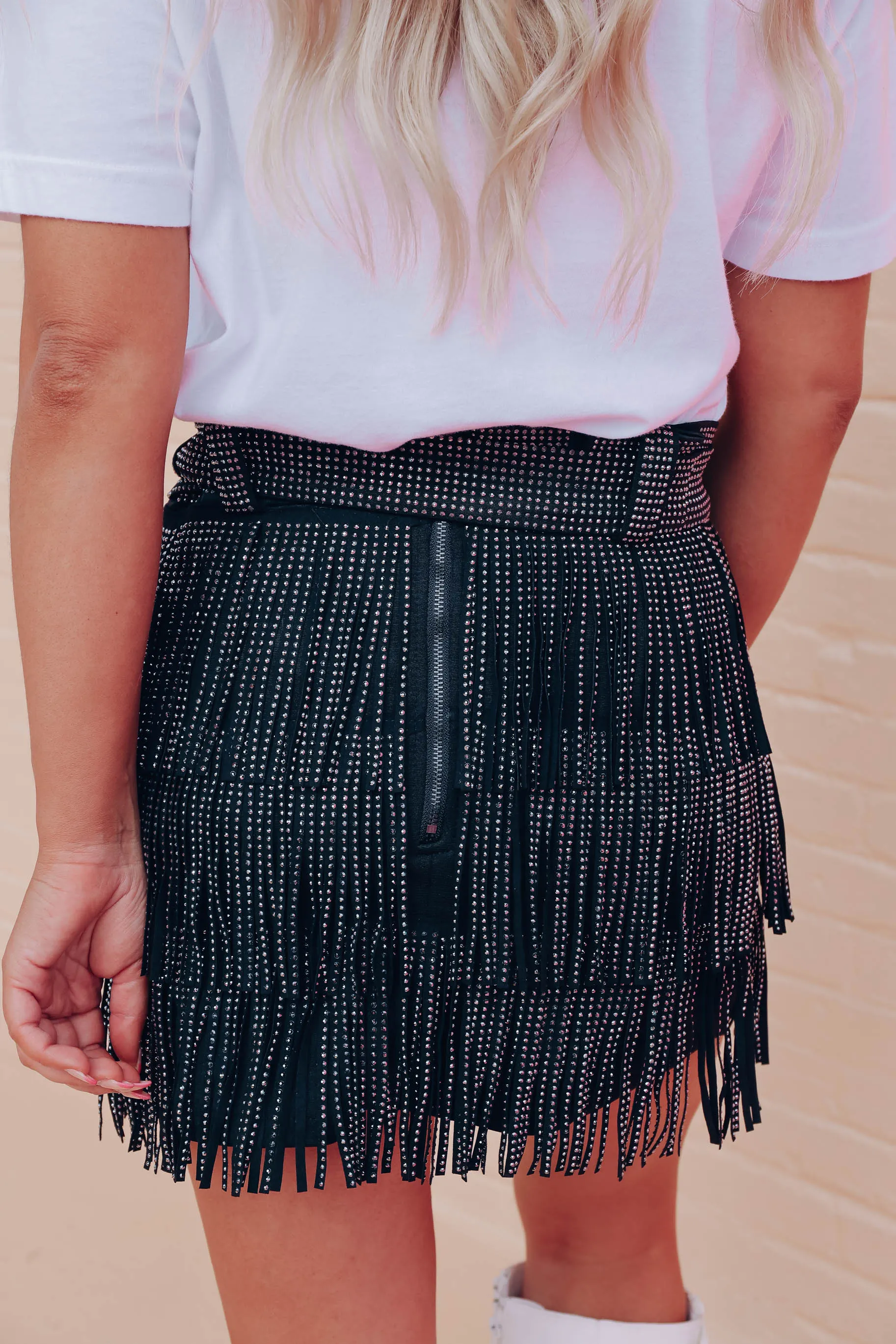 Rhinestone Diva Fringe Mini Skirt - Black