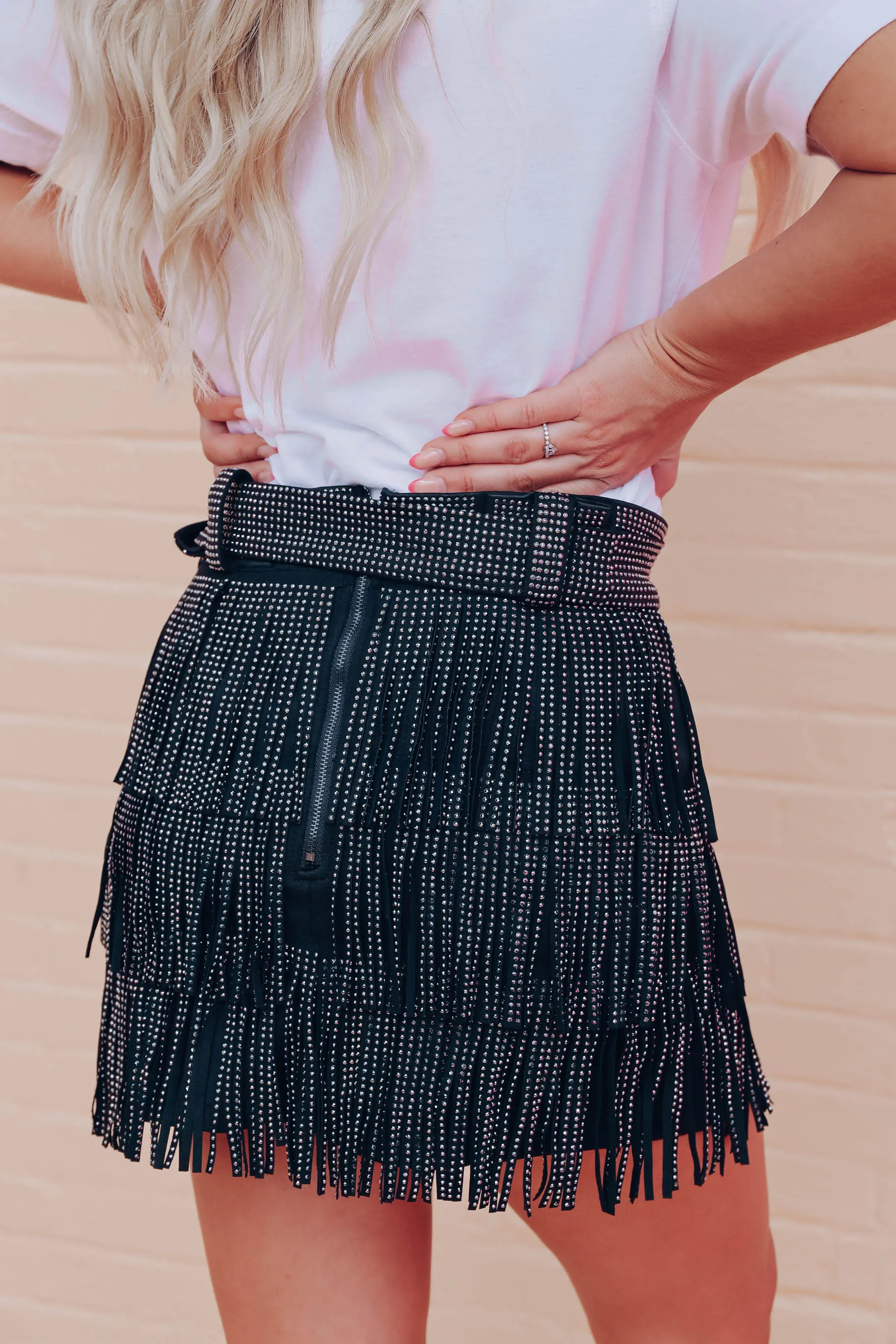 Rhinestone Diva Fringe Mini Skirt - Black