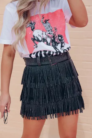 Rhinestone Diva Fringe Mini Skirt - Black