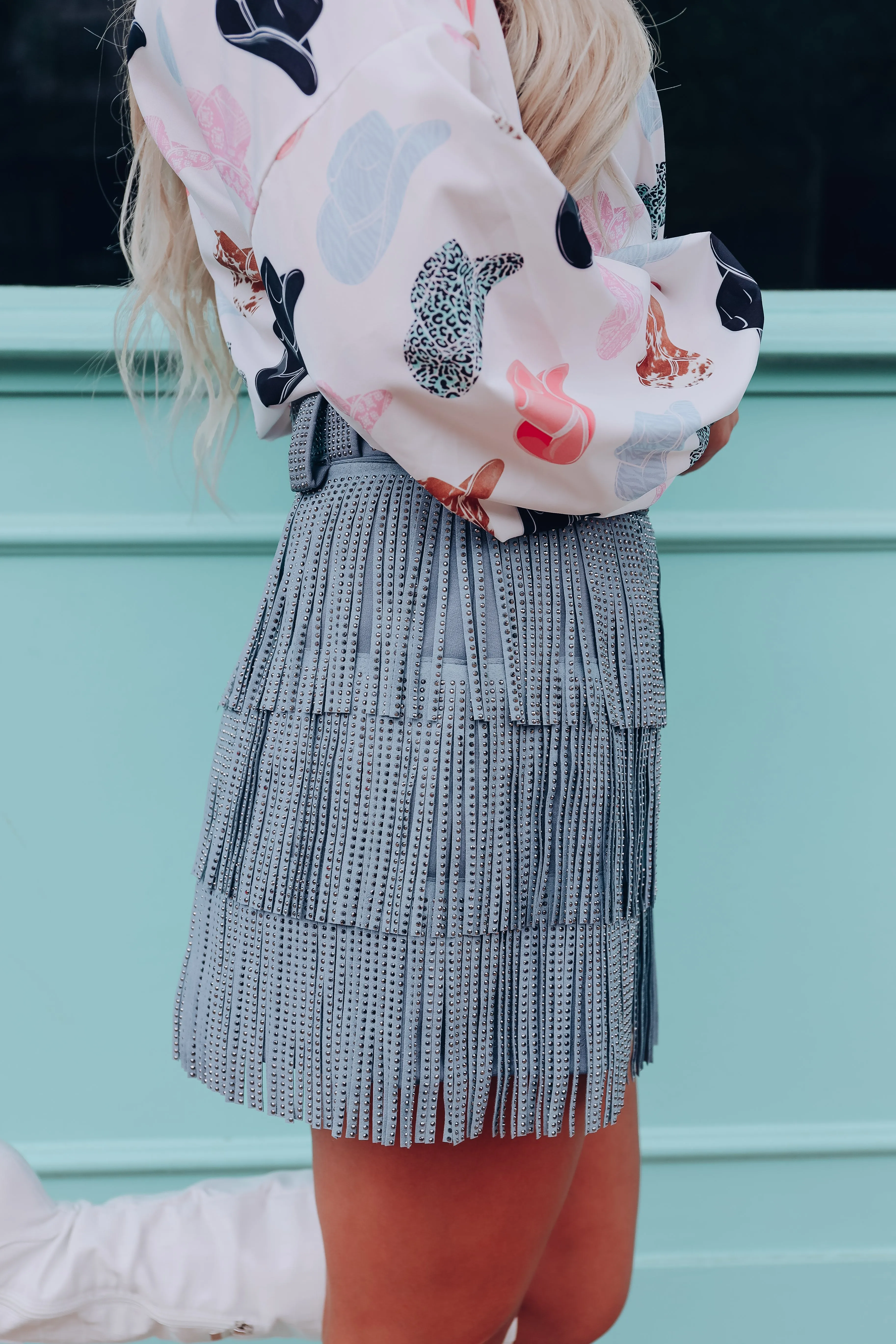 Rhinestone Diva Fringe Mini Skirt - Blue