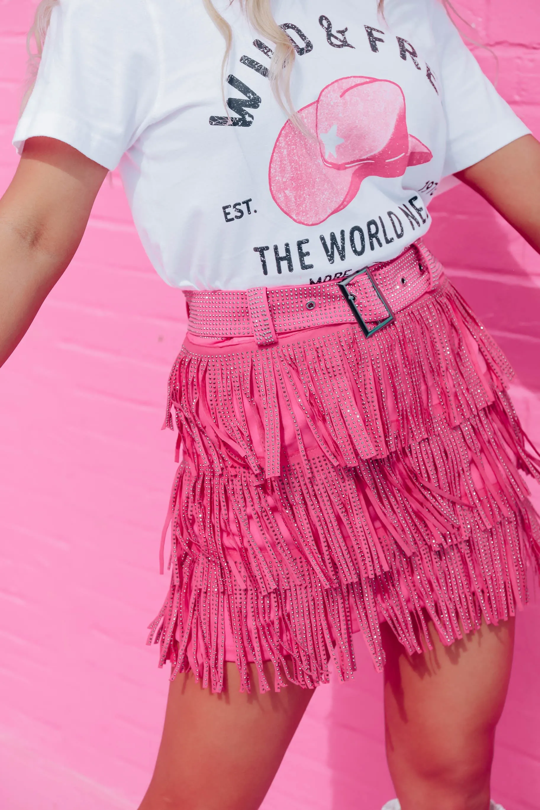 Rhinestone Diva Fringe Mini Skirt - Pink