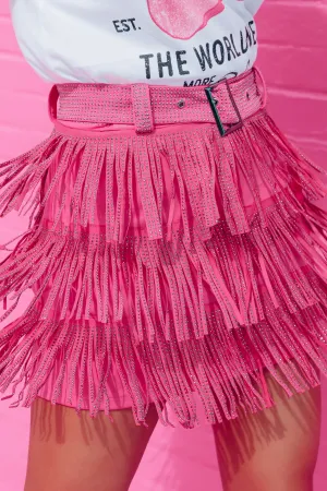 Rhinestone Diva Fringe Mini Skirt - Pink