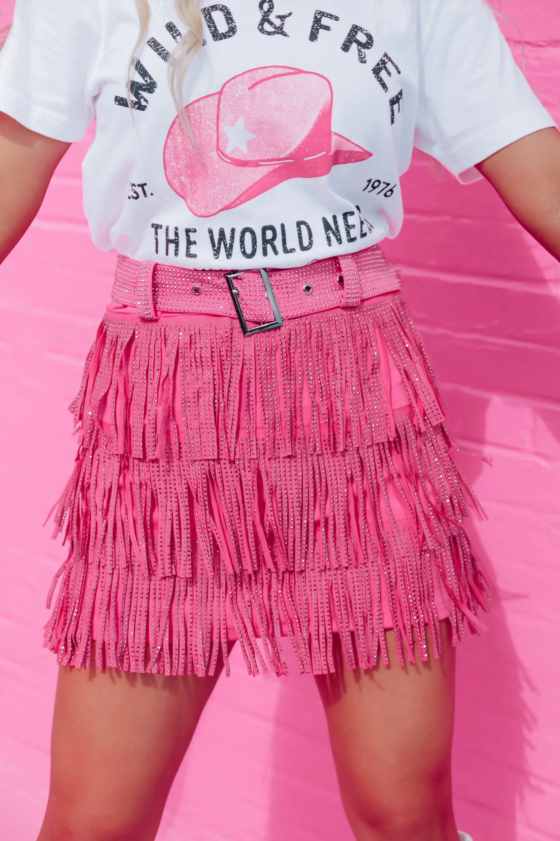 Rhinestone Diva Fringe Mini Skirt - Pink