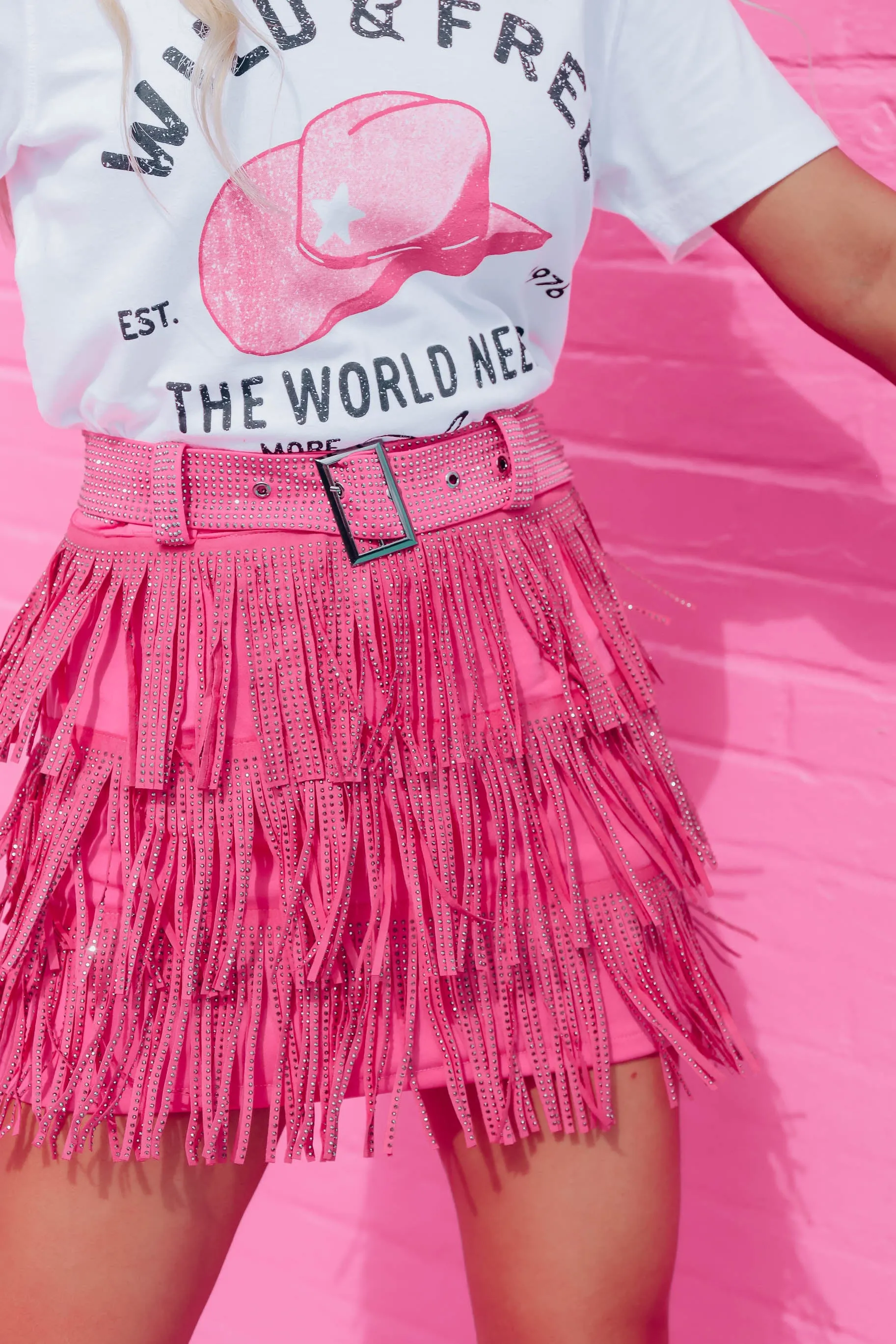 Rhinestone Diva Fringe Mini Skirt - Pink
