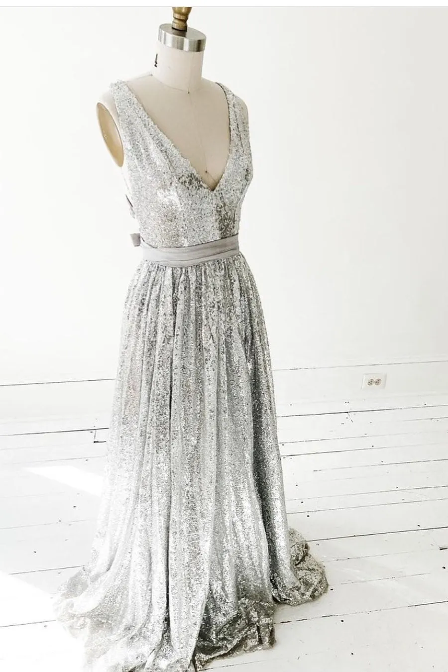 Sequins A-line Silver Prom Gown 2021